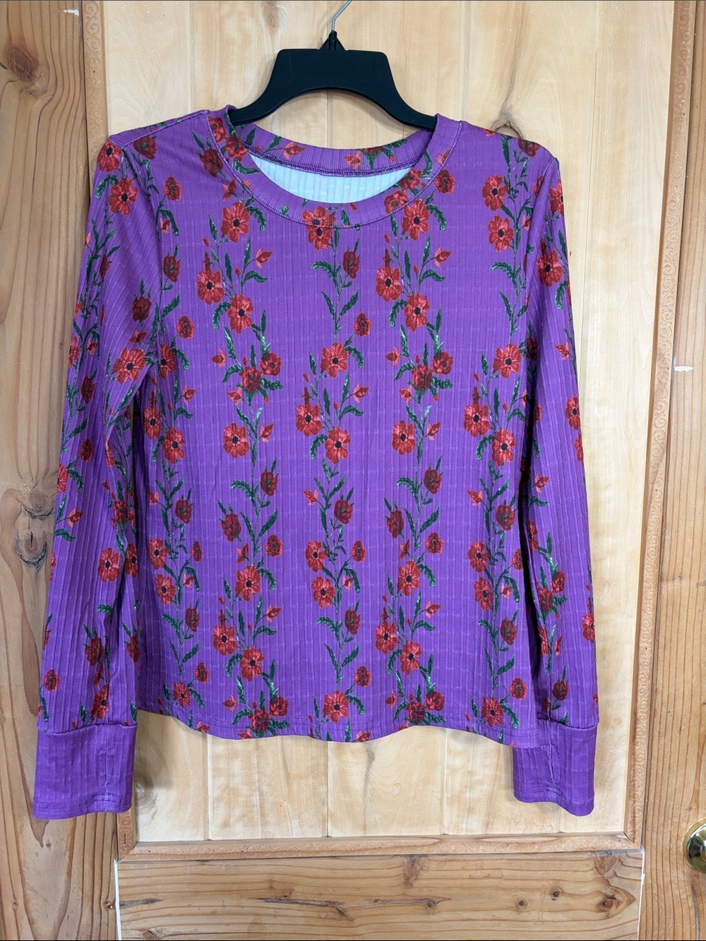 SHEIN Purple Floral Long-Sleeve Ribbed Tee